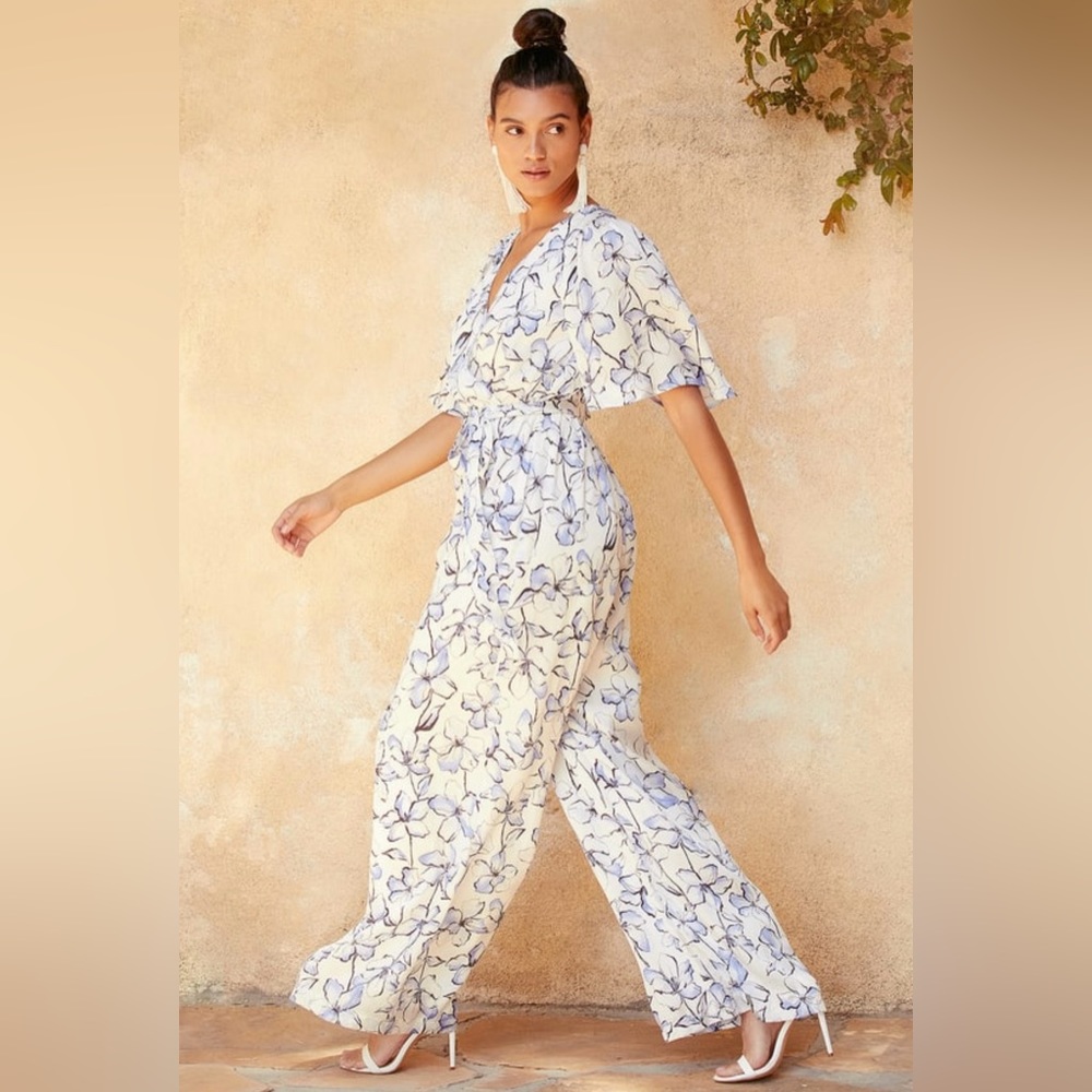 Lulus | True Masterpiece White Floral Print Satin Wide-Leg Jumpsuit - NWT - Picture 3 of 16